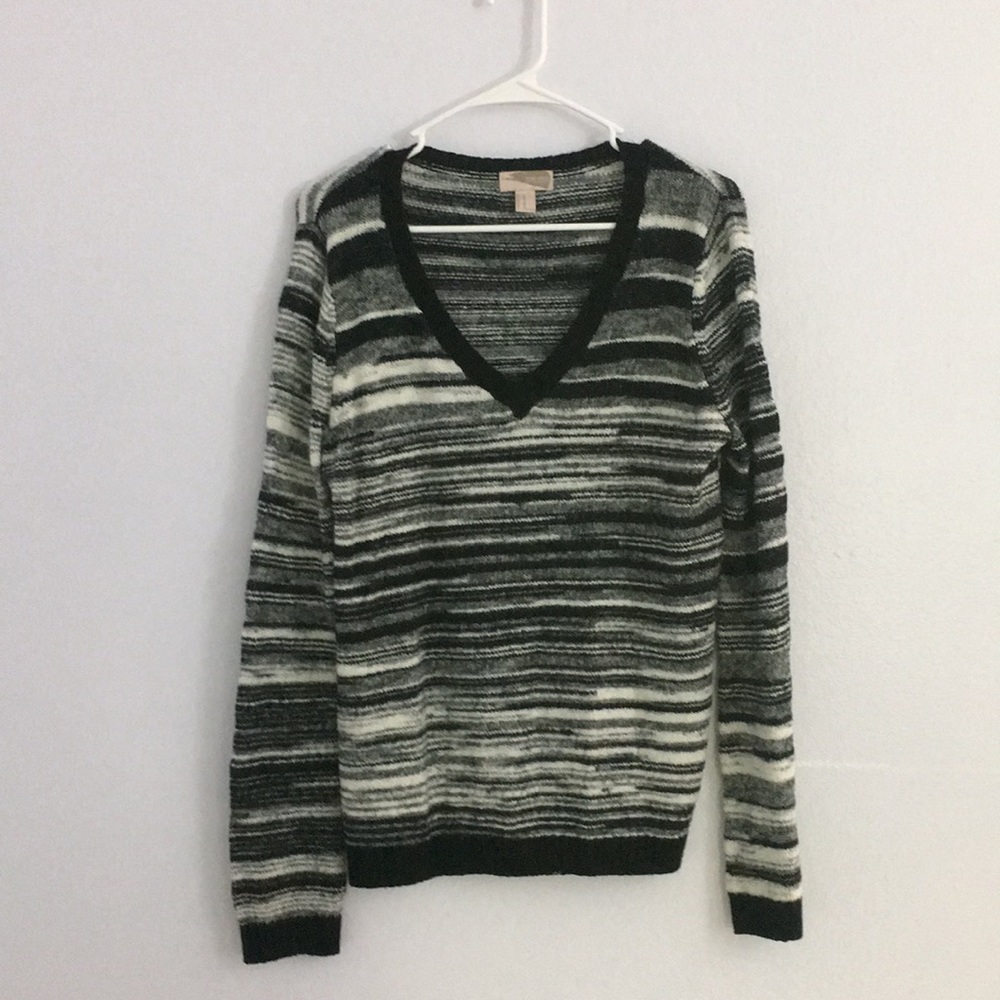Black, Gray, and White Striped V-Neck Sweater